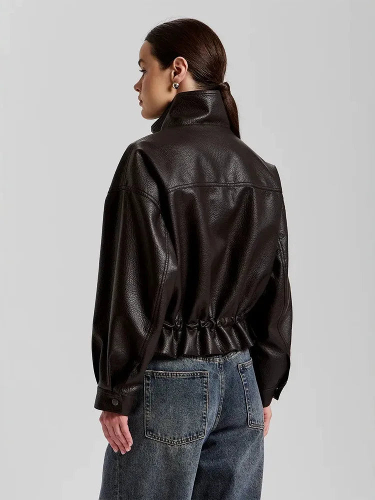 LGRQ Stand‑Collar Long Sleeve Biker Faux Leather Jacket Women Vintage Drawstring Waist Cropped Outerwear 2026 Autumn 19DB3772