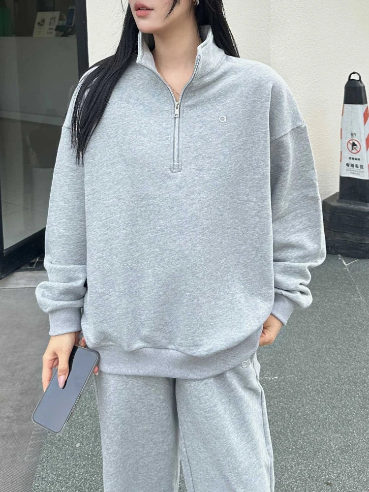 Autumn New Loose Stand Up Collar Pullover Casual Fashion Long-sleeved Gray Zip Sweatshirt Black Sports Fitness Hoodies Women