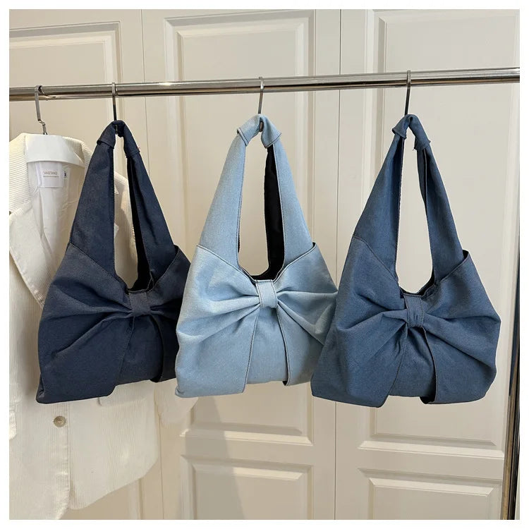 Sweet Bowknot Design Women's Denim Shoulder Bags Commuter Thread Ladies Handbags Casual Lightweight Female Underarm Tote Bag