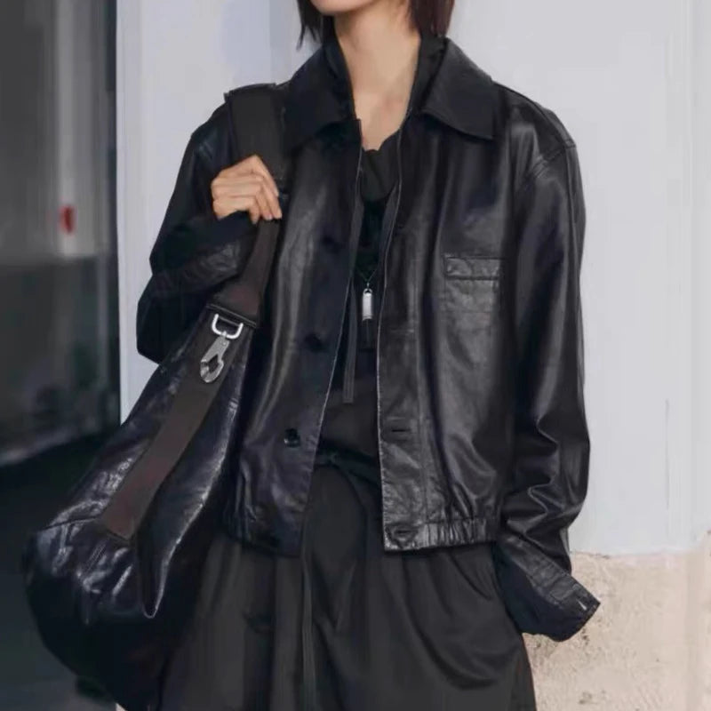 Advanced Oil Wax Leather Jacket for Women Autumn Winter Female 100% Lambskin Square Neck Elastic Waist  Loose Coat Vestes Femmes