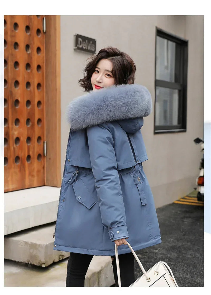 Winter Coat Low Price On Sale Women Beige Add Wool Thick Warmth Fur Hooded Parkas Jacket 2026 New Fashion Belt Slim Cotton Coat