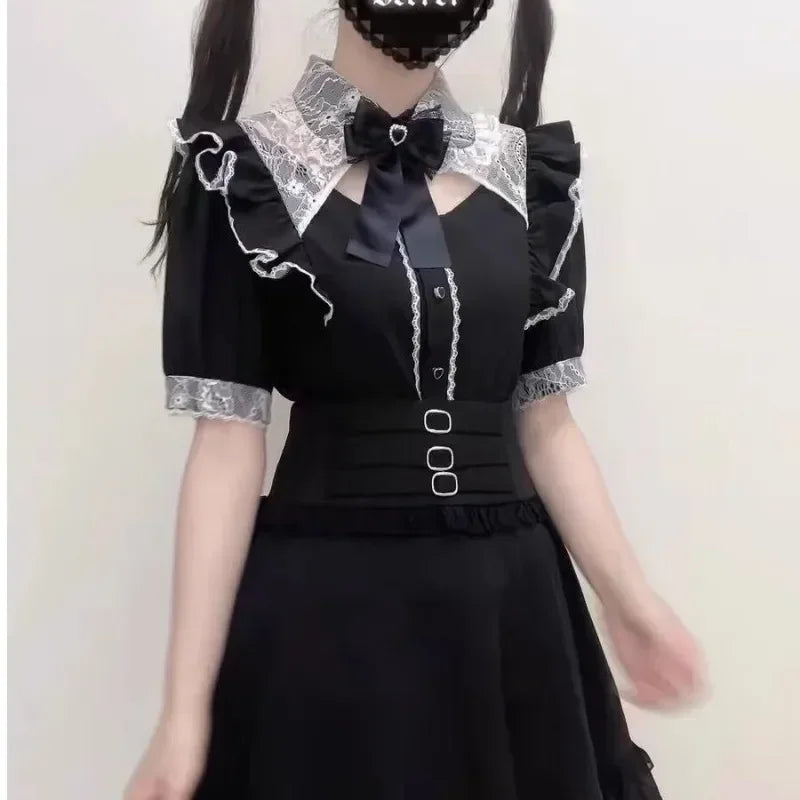 Jirai Kei Cosplay Costume Lolita Dress Blouse Y2K Kawaii Japanese Style Shirt Short Sleeve Pink Sweetheart Girl Halloween Party