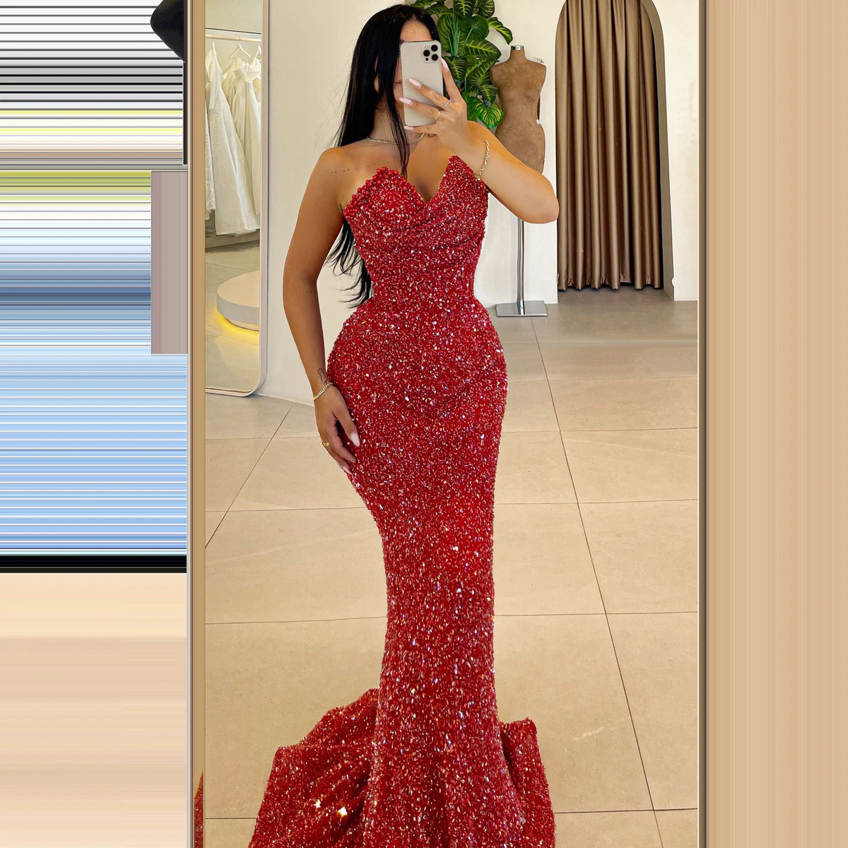Strapless Draped V Neck Red Mermaid Wedding Evening Dress Sparkly Sequins Luxury Formal Party Gown Dubai Arabic Women Prom Dress