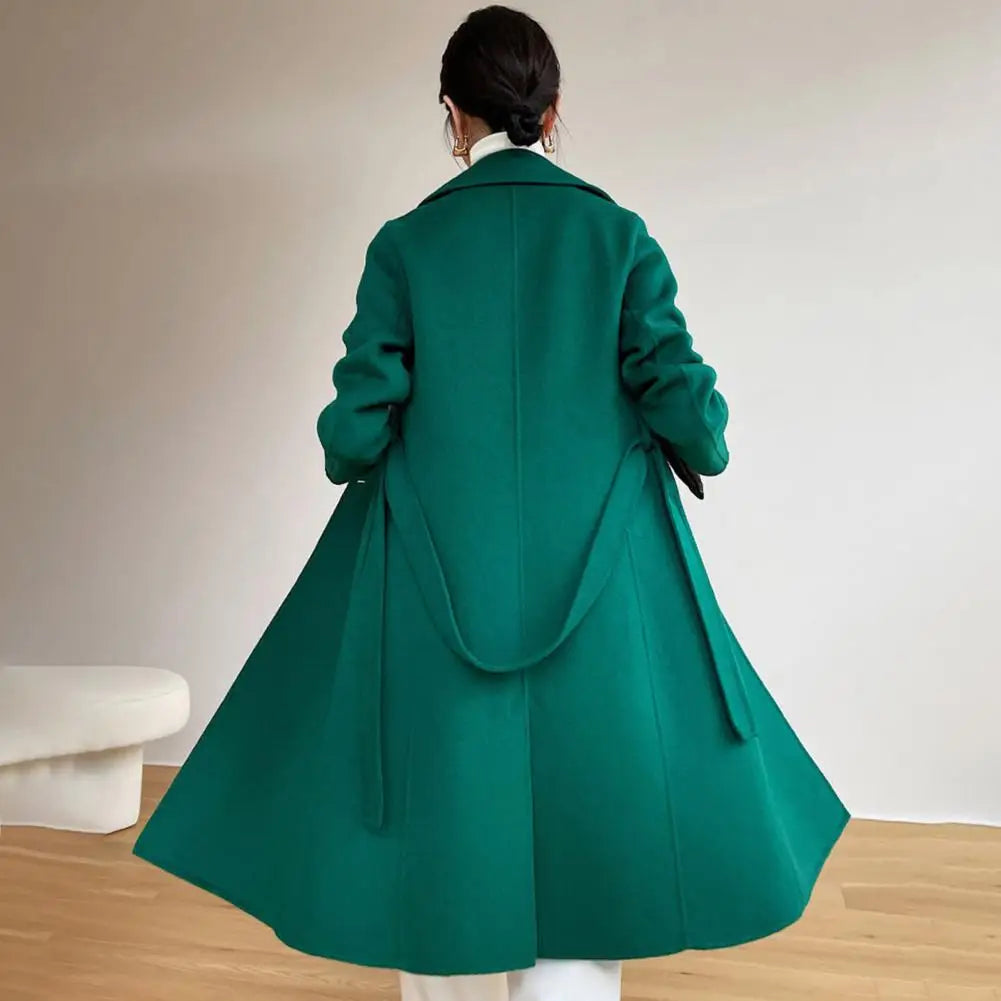 Women Wool Coat Womens Long Wool Peacoat with Belt Notched Lapel Overcoat Warm Fall Winter Trench Coat for Weather Polyester