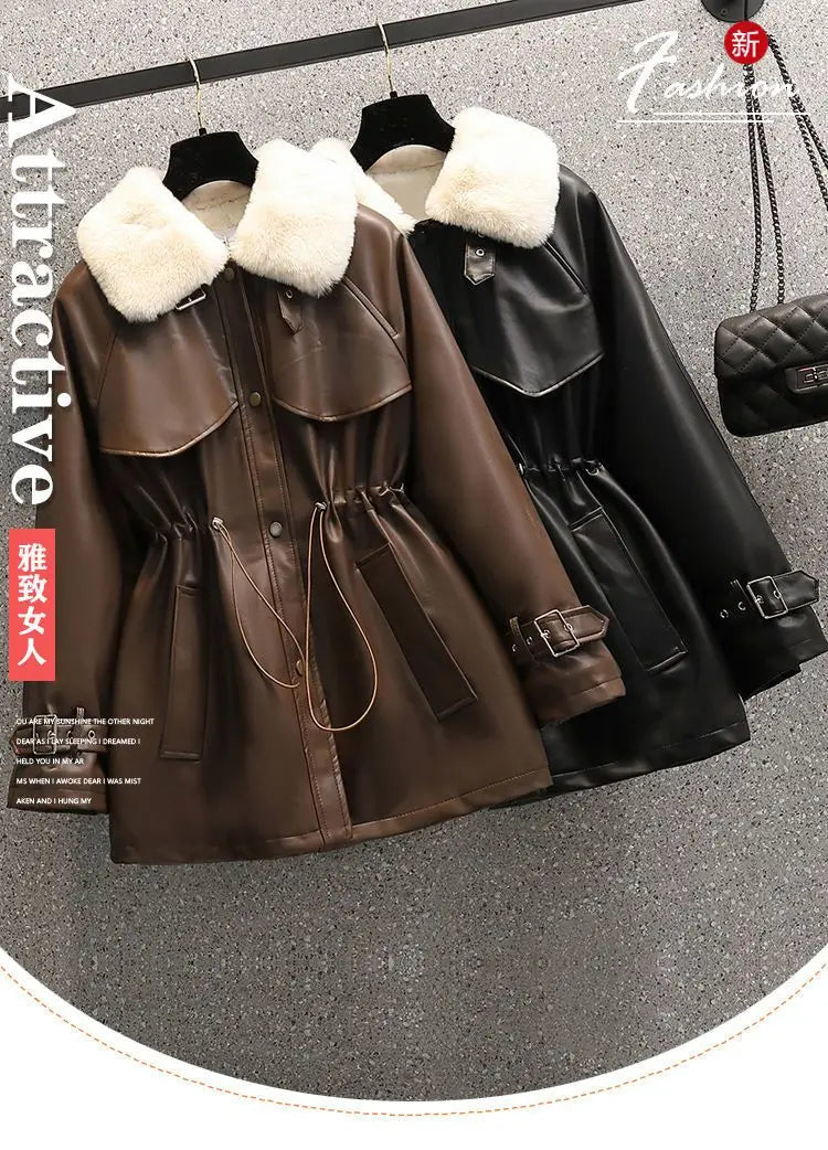 2026 Winter Age Reduction with Thick Velvet Loose Stand up Collar Motorcycle Wear PU Leather Jacket Long Sleeve Coat for Women