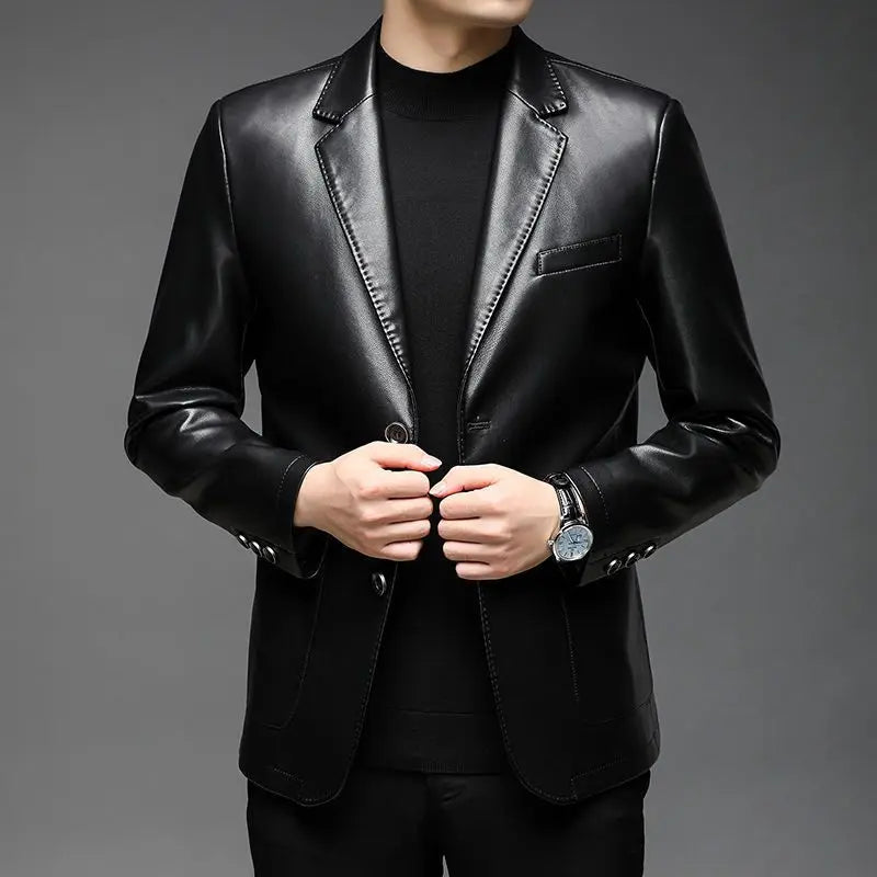 Autumn Winter Male Korean Fashion Casual PU Leather Jacket Hombre Thick Warm Add Velvet Buttos Coat Men All-match Outwear Top