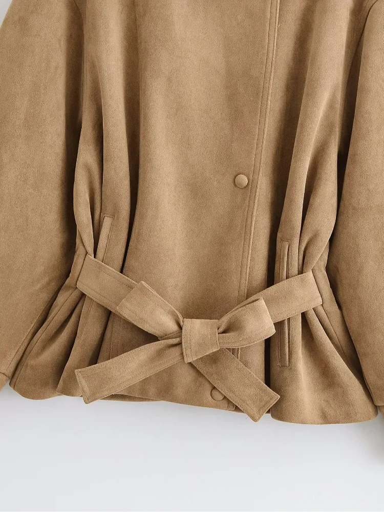 Women Brown Faux Suede Short Jacket Tie‑waist Long Sleeve Vintage Streetwear 2026 Lady New Autumn Winter Casual Outerwear Coat