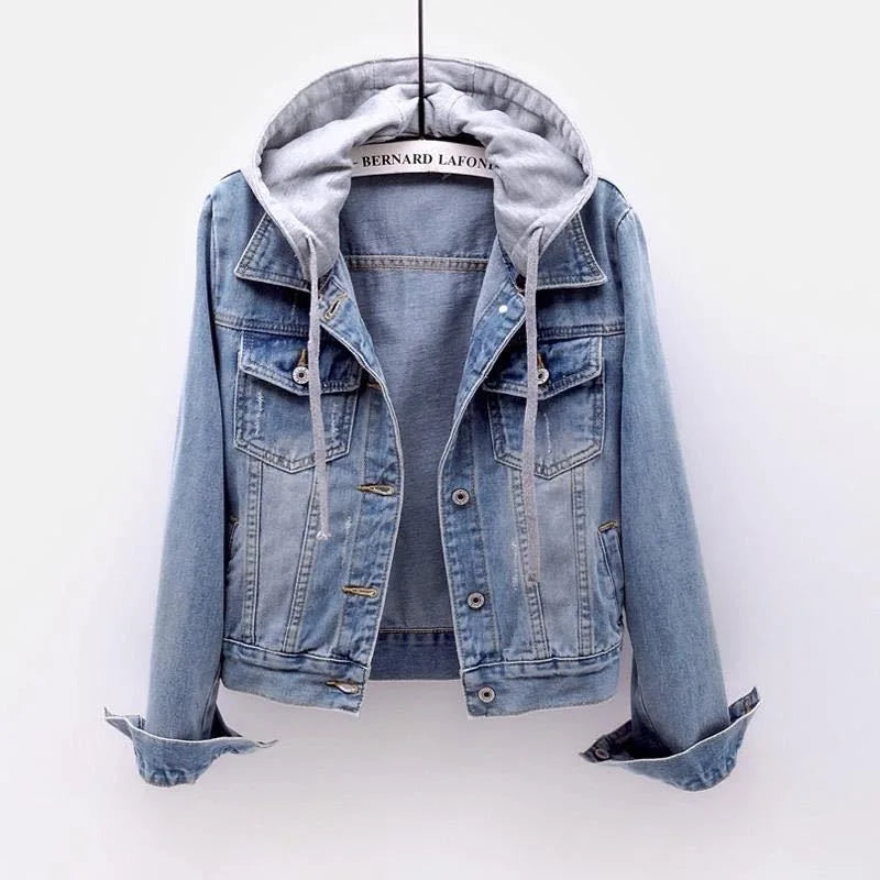 S-5XL Women Denim Jackets Spring Autumn Single-Breasted Detachable Hood Short Jean Jacket All-Match Casual Slim Outerwear