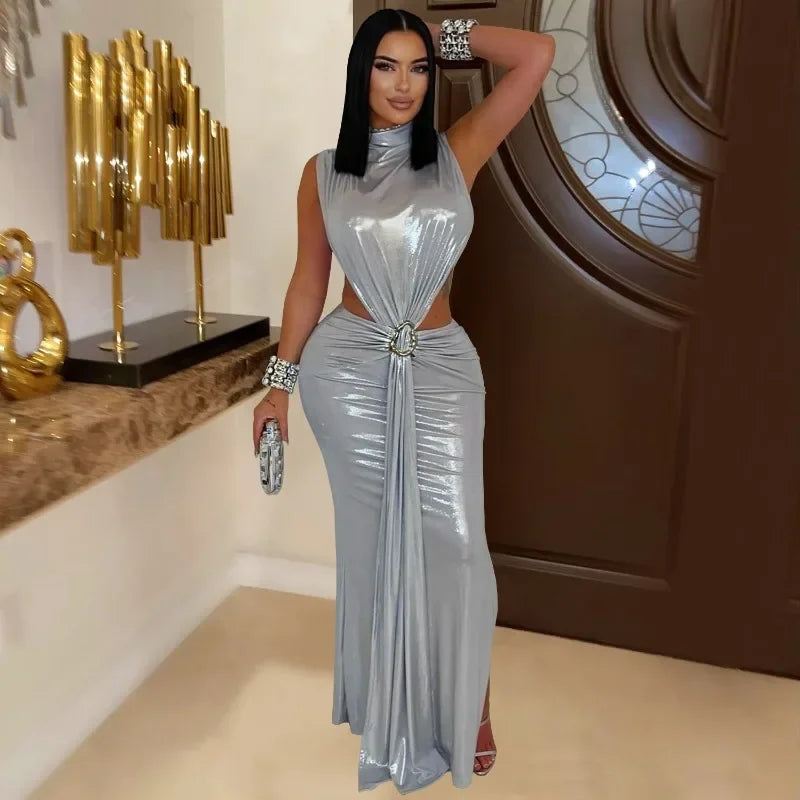 GUWU Women Gilding Sleeveless Cut Out Bodycon Midi Maxi Long Dress 2025 Summer Beach Vacation Sexy Party Birthday Dresses