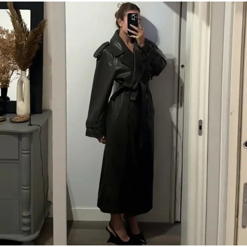 Double Breasted Lace up Long Leather Coat Woman Long Sleeves Loose Solid Color Casual Jackets Street Women's Early Autumn Coats