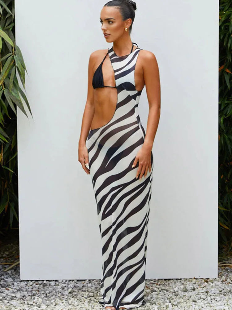 Zebra Print Long Beach Dress Cover-Ups Sexy Transparent Mesh Maxi Dress Striped Cut Out Bodycon Vacation Summer Dress Women 2023