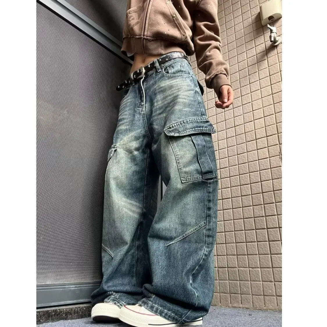 American High Street Multi Pocket Knife Jeans Loose Design Wide Leg Pants for Men And Women Autumn Winter Trendy Casual Jeans