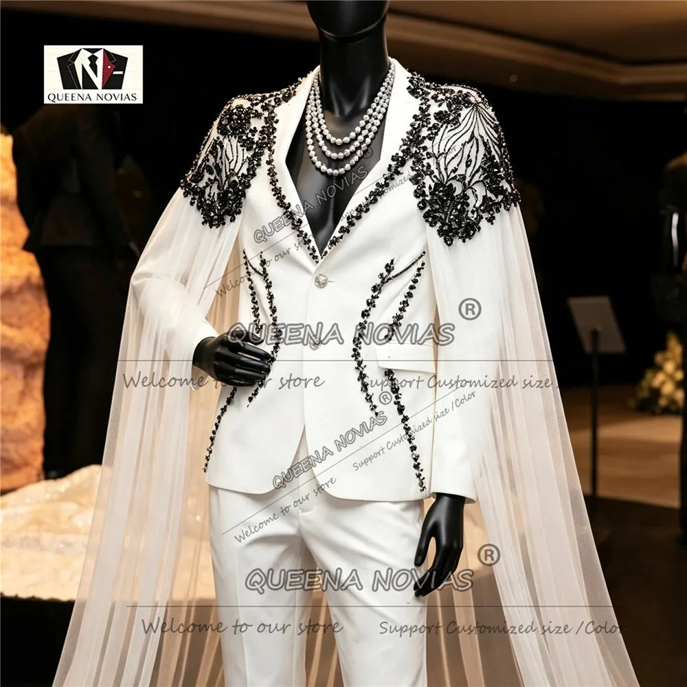 Elegant Wedding Suits For Man Black Beaded Stone Jacket With Tulle Cape Long Customized Groom Tuxedo Slim Fit 2 Piece Sets Dress