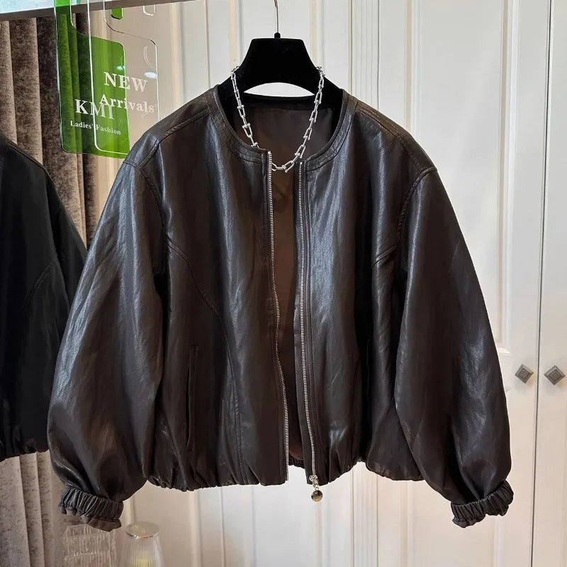 Women's Leather Coat 2026 Spring Autumn Comfortable Loose Slim Female Faux PU Outwear Round Neck Zipper Ladies Short Jacket