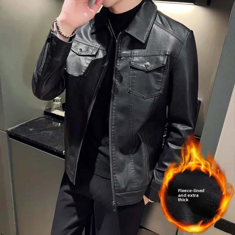 Autumn and Winter Classic Men's Leather Jacket Lapel Fashion Trend Locomotive Clothes Fleece Thermal Jacket Men