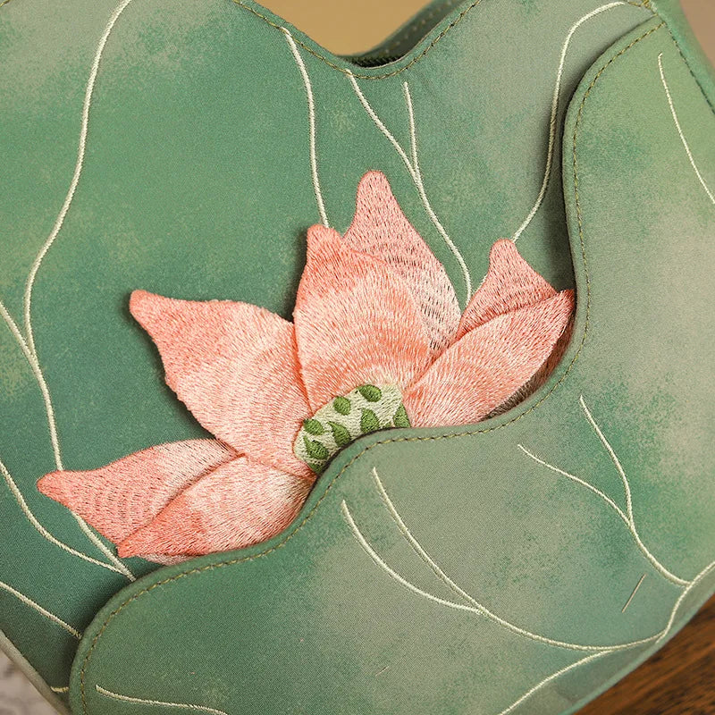 Elegant Chinese Style Lotus Leaf Floral Embroidery Shoulder Bag for Women Designer Handbag Fashionable Female Bag New Collection