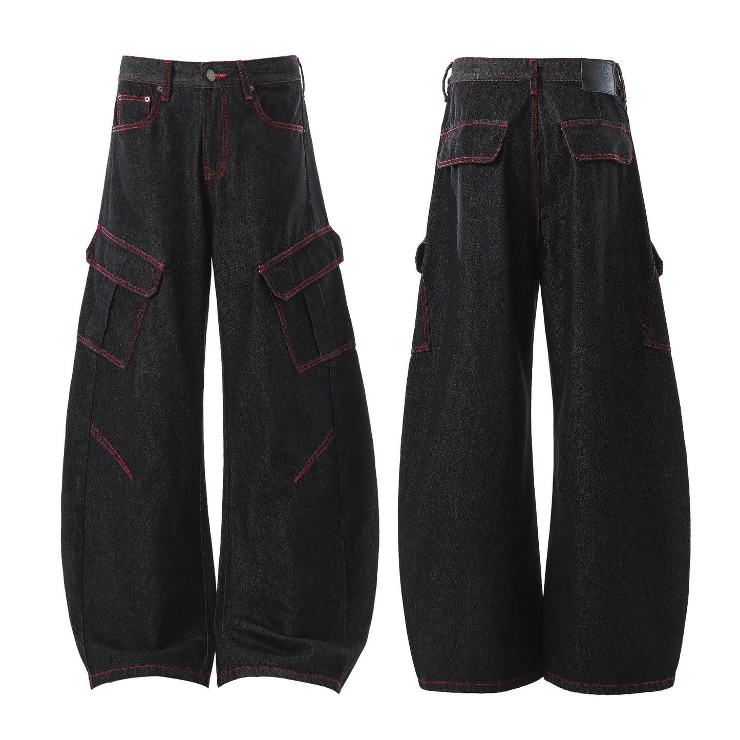 American Retro Washed Denim Jeans Multi Pocket Loose Slimming Long Trousers Straight Cut Mid Waist Zipper Fly Casual Jeans