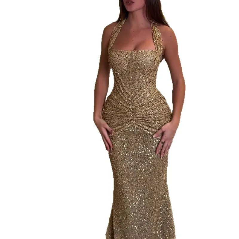 New Women Dress Halter Neck Spring and Summer Sequin Neck Hanging Fashionable Dress Party Casual Dress Evening Sequin Dresses