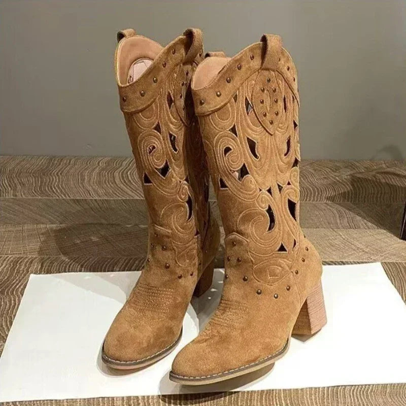 Women Mid-Calf Western Boots Heels Embroidery Hollow Cowboy Boots for Women  Autumn Winter Fashion PU Leather Botas Mujer 2024