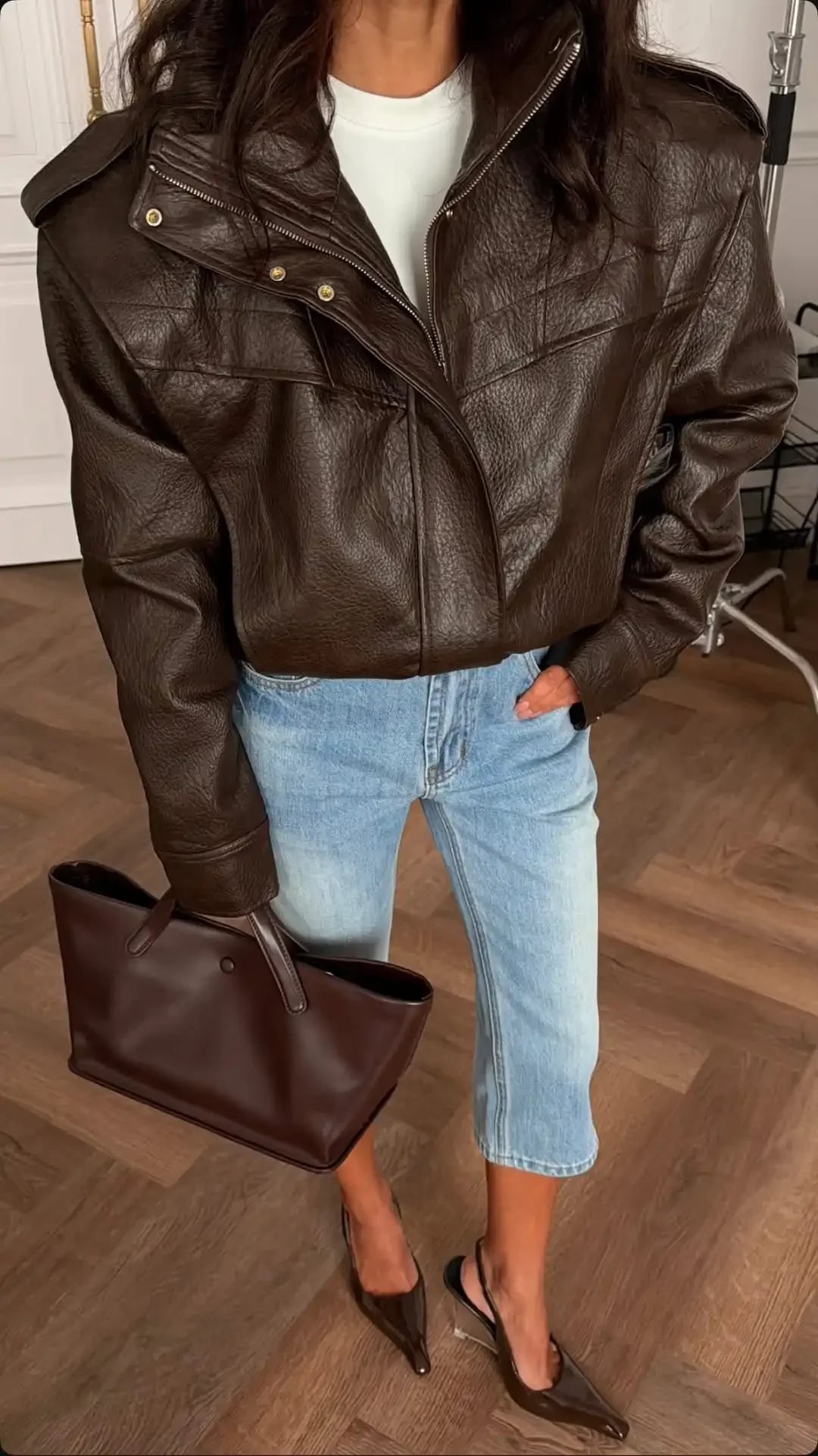 Black Faux Leather Stand Collar Zip Epaulet Cropped Jacket Long Sleeve Snap Button Pocket Coat 2026 Autumn Street Chic Coats New