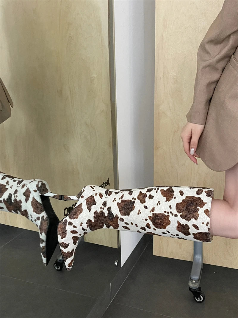 ZAROY Stiletto Heel Knee High Boots Brand Designer Brown Cow Print Pointed Toe Zipper Runway Banquet Dress High Botas сапоги