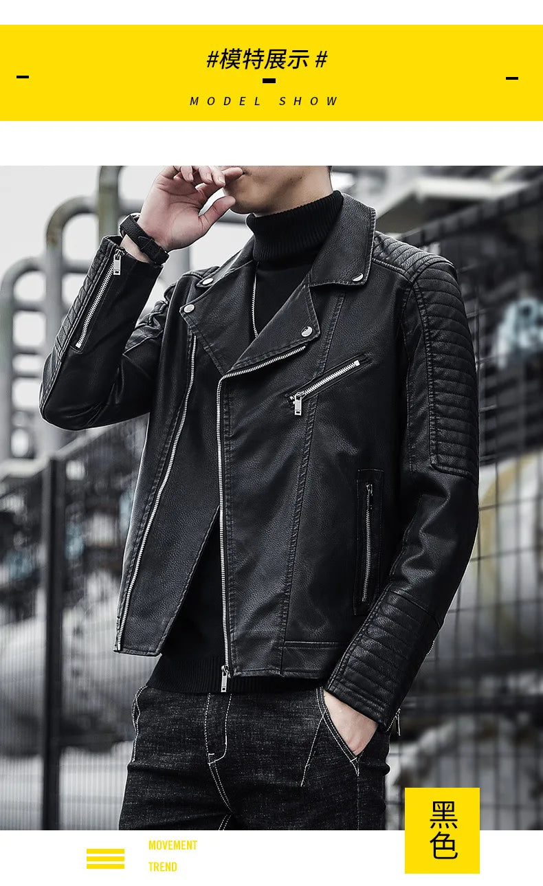 Male Slim Fit Pu Leather Coats Mens Motorcycle Jackets Black Outwear Leather Coats Man High Quality Business Leather Jacket