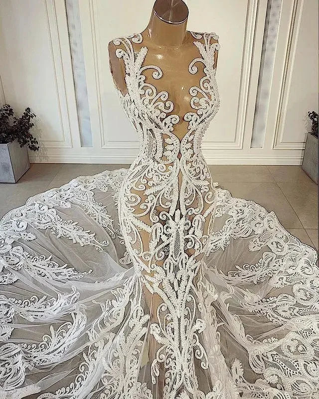 Sexy Mermaid Customized Wedding Dresses Bride Gowns Lace Appliqued African Nigerian Court Train Custom Made vestido de novia