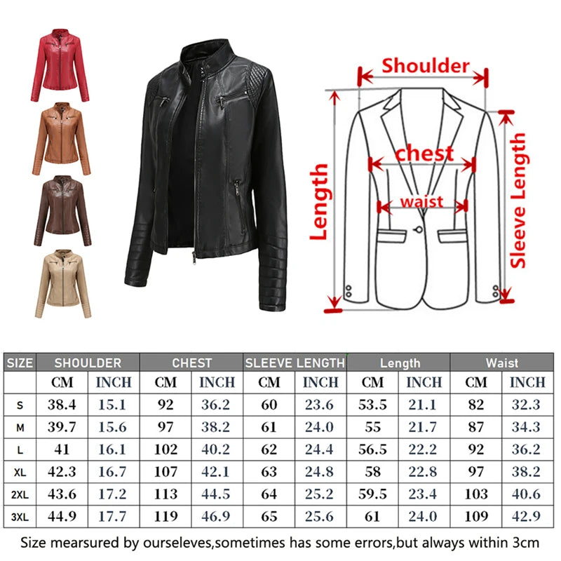 2026 New Women's Slim Leather Jacket, Stand-up Collar, Zipper Stitching, Monochromatic PU Coat, Fashion Clothing.
