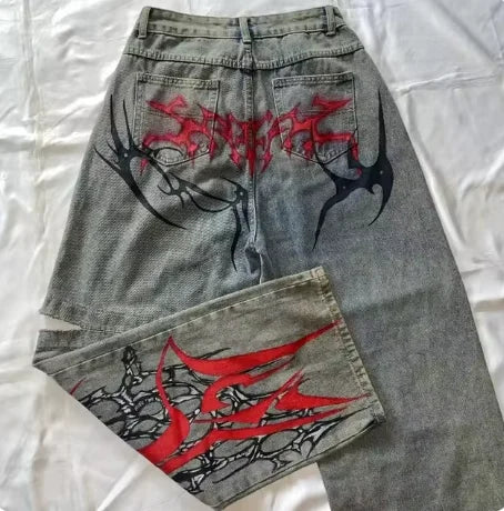 New Jeans Female Y2K American Harajuku Retro Washed Loose Jeans Street Fashion Casual Gothic High Waist Pants For Men and Women