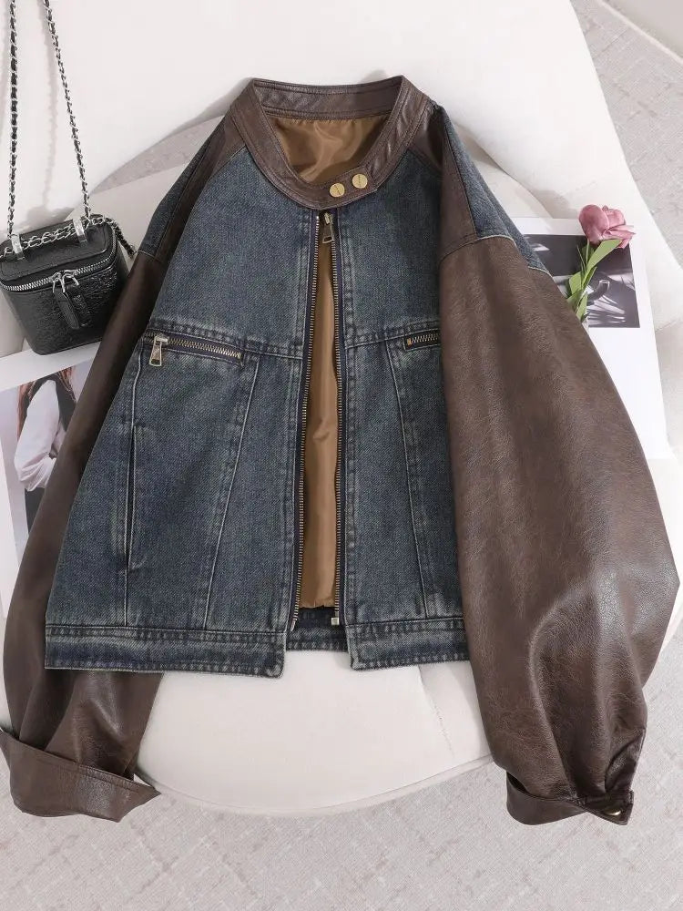 Women American Retro Denim Spliced Leather Jacket Women's 2026 Autumn New Models Are Popular This Year, Small Short Jackets