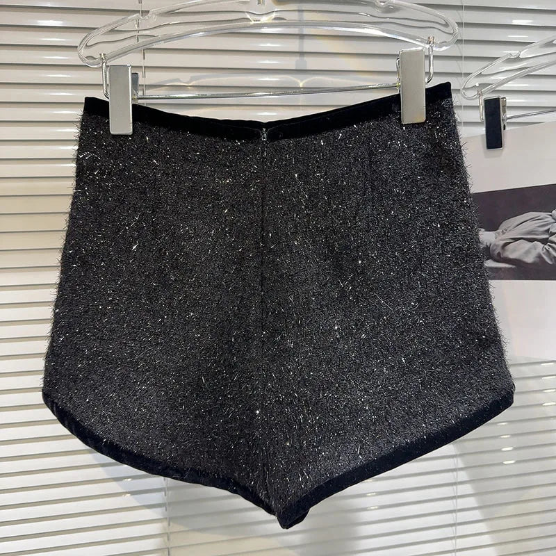 Trendy Women's Solid Color Bright Silk Woolen Shorts 2024 Autumn Fashion New Items High Waist Short Pants Female