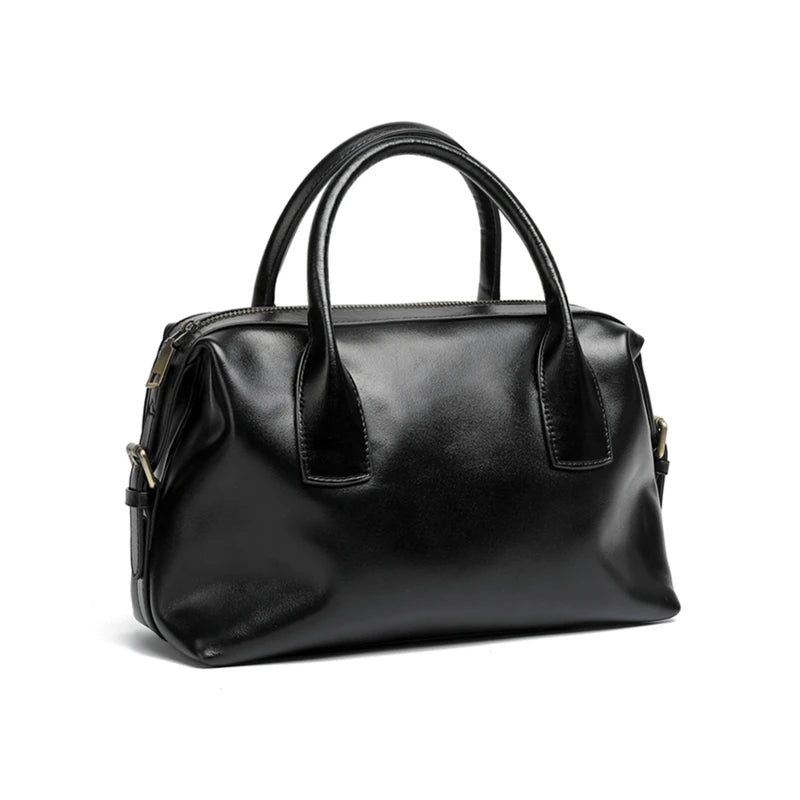 BURMINSA Genuine Cowhide Leather Handbags For Women Retro Pillow Top Handle Bags Bowling Daily Work Crossbody Shoulder Purses