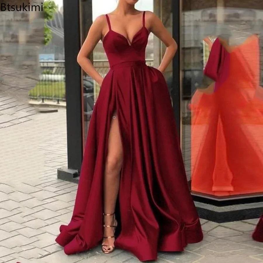 2026 Women's Wedding Party Evening Dresses Solid Elegant Side Slit A-Line Satin Sleeveless Straps Maxi Dress Sexy Banquet Gown