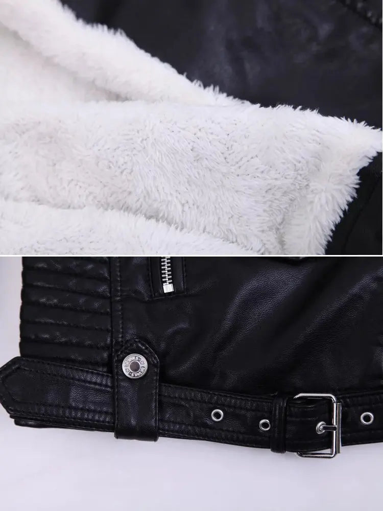 2026 Hot Fashion Women New Winter Warm Faux Leather Jackets with Fur Collar Belt Ladies Thick Black Moto & Biker Outerwear Coats