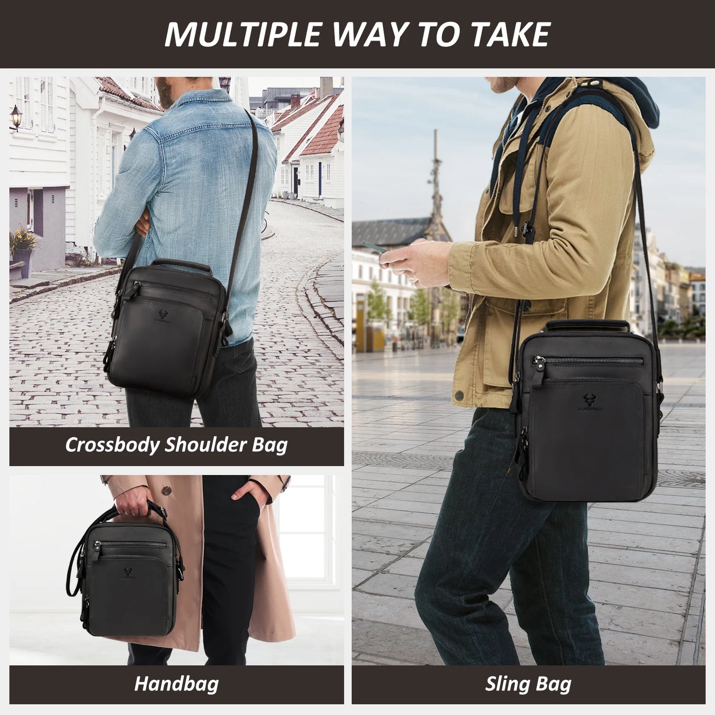 HUMERPAUL Men's Cowhide Shoulder Bag Casual Crossbody Bags Full Grain Leather Multifunctional Ipad Messenger Handbag Quality
