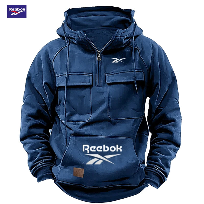2026 Reebok Logo Multi-Pocket Design Hoodie - The Top Choice for Fashionable Autumn and Winter, a Semi-Zippered Hooded Comforta