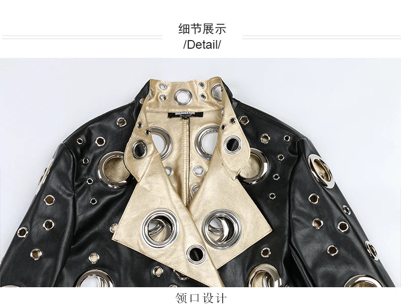 Nerazzurri Spring Autumn Short Hollow Out Pu Leather Jacket Women Rivet Cool Stylish Luxury Designer Clothes Runway Fashion 2024