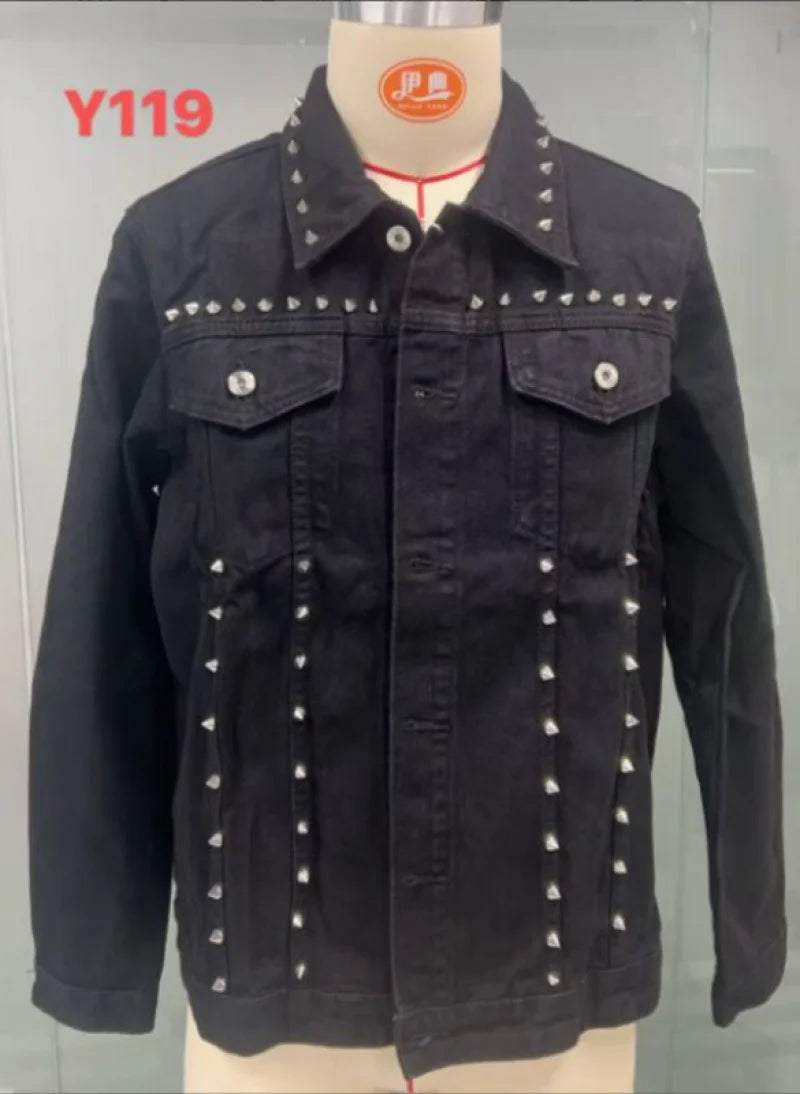 QICHE High‑Street Men Denim Jacket European‑Inspired Heavy‑Weight Rivet Decor Trendy Casual Outerwear