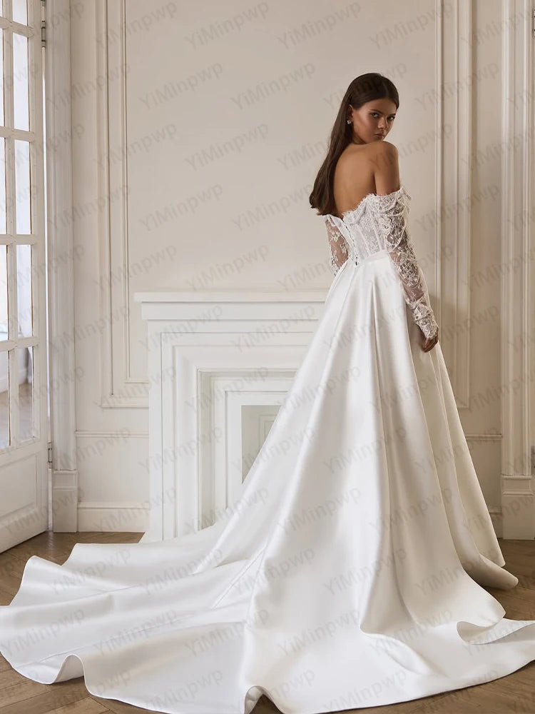 Elegant Satin Wedding Dresses Off Shoulder Long Sleeve A Line Bride Dress Long Train Beaded Lace Church Bridal Gown Customized