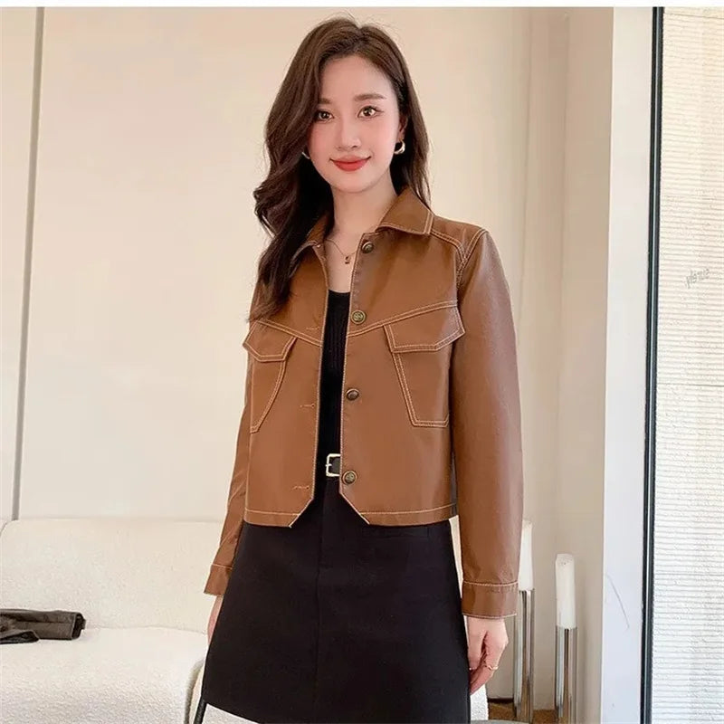 2026 Short PU Leather Coat Women's Spring Autumn New Jacket Ladies Fashion Outerwear Western Style Lapel Overcoat Leather Jacket