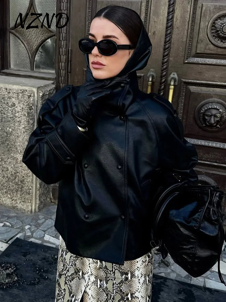 Street Black Women's Leather Jacket Autumn High Neck Double Breasted Full Sleeve Jackets 2026 Winter Lady Fashion Outwears