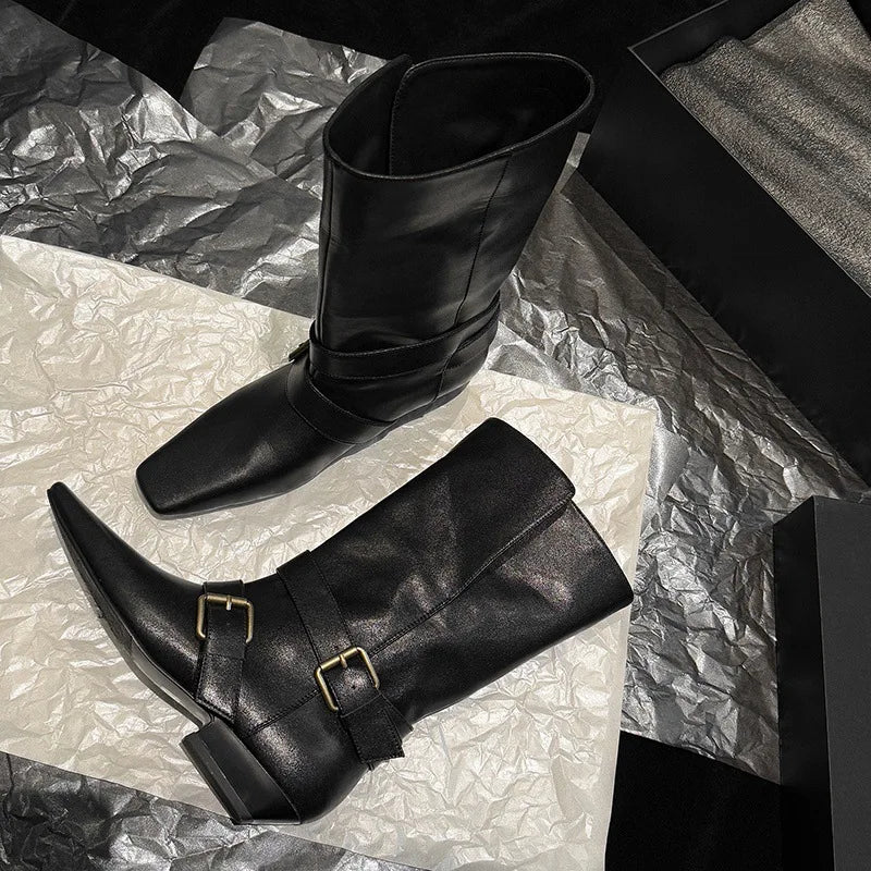Arden Furtado Autumn Belt buckle cowhide Mid-Calf boots Square toe pull-on Middle heel Modern boots Large size Women's Boots
