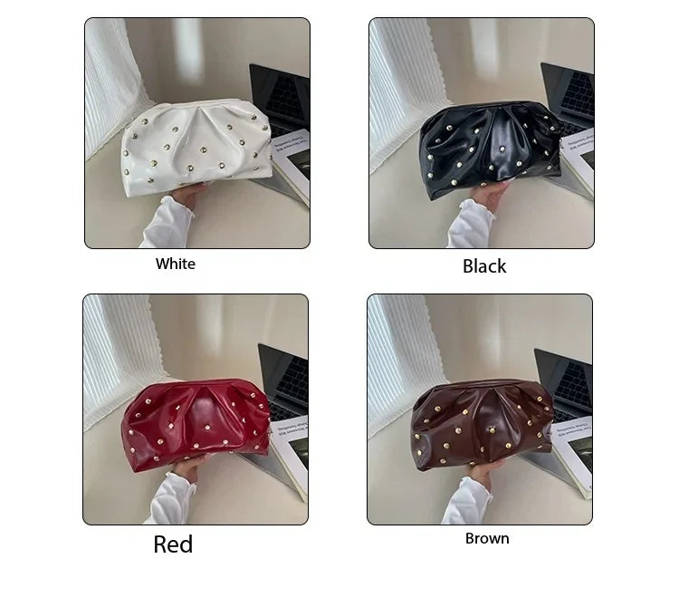 Simple Versatile Clip Evening Handbags for Women Solid Color Rivet Pleated Design Ladies Clutch Female Soft Pu Leather Purse