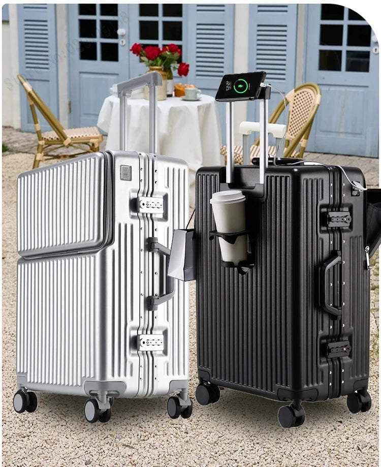 New 20'' Boarding Box Front Opening Suitcase Aluminium Frame 24/27 inch Rolling Luggage with Cup Holder Mobile Phone Holder