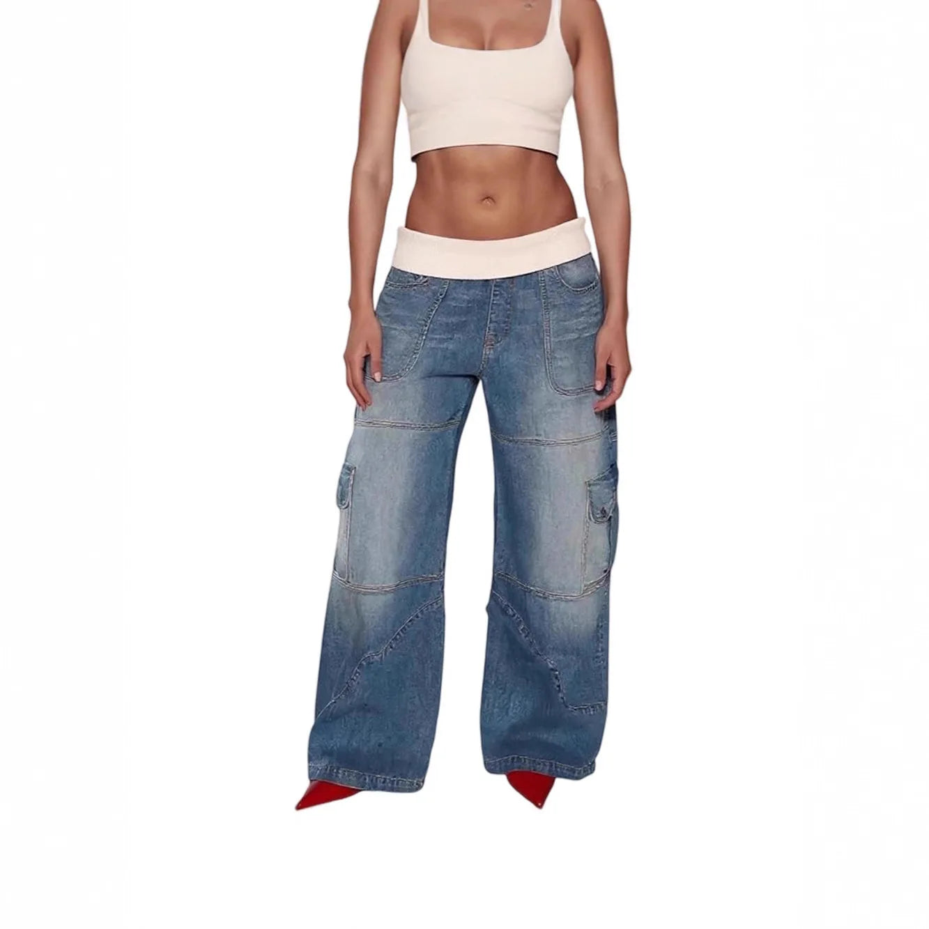 Retro Wide Leg Denim Jeans Multi Design Patchwork Cross Border D8755 Polyester Blend Comfortable Straight Cut Long Pants