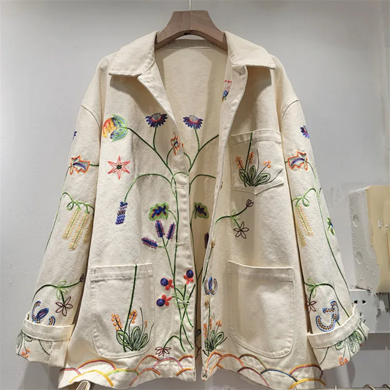 DEAT Women's Denim Coat Turn-down Collar Flower Embroidery Design Pocket Single Breasted Jackets 2026 Spring New 29A6164