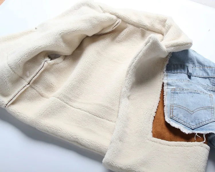 Women Padded Jacket Denim Splicing Jacket Winter New Lamb's Wool Liner Thickened Short Section Biker Jacket Cotton Jacket 2024