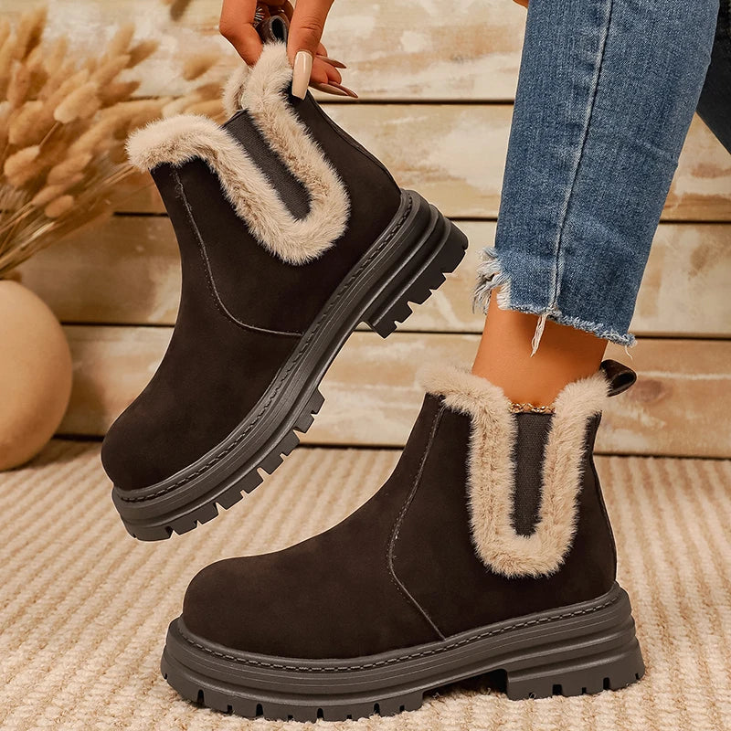 Thick Sole Fur Winter Ankle Boots Women 2026 Slip On Non Slip Plush Short Booties Mujer Plus Size 43 Platform Suede Boots Female