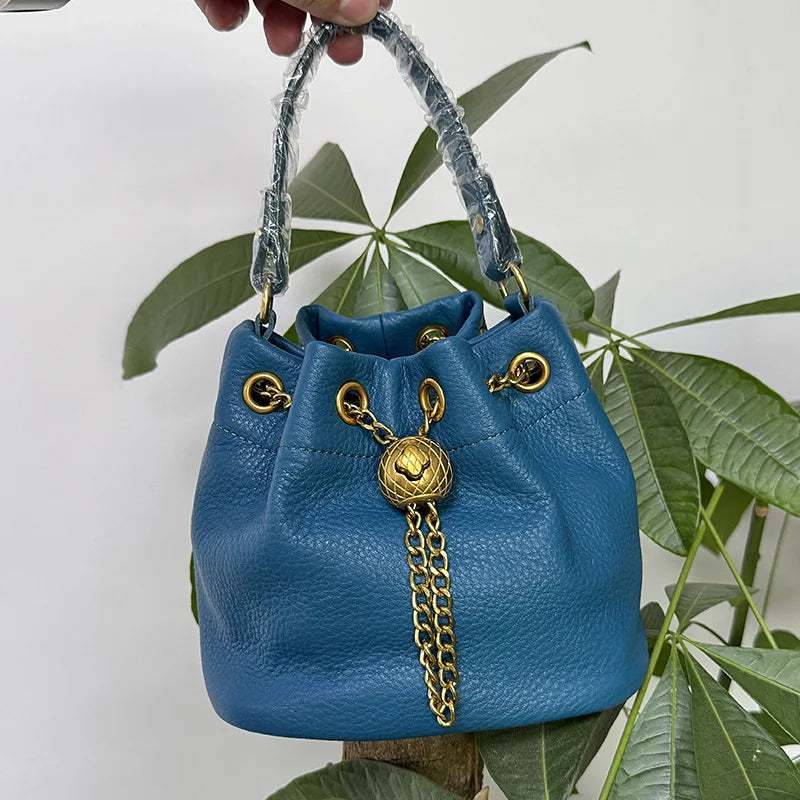 LD-Soft Leather Bag Versatile for All Seasons, Sweet and Ladylike. Top Layer Cowhide Handbag, Single Shoulder Bucket Bag