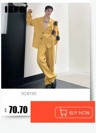 IEFB Niche Design Men's Two-piece Collarless Embroidery Blazer Loose Straight Suit Pants Contrast Color Male Sets New 9C7485